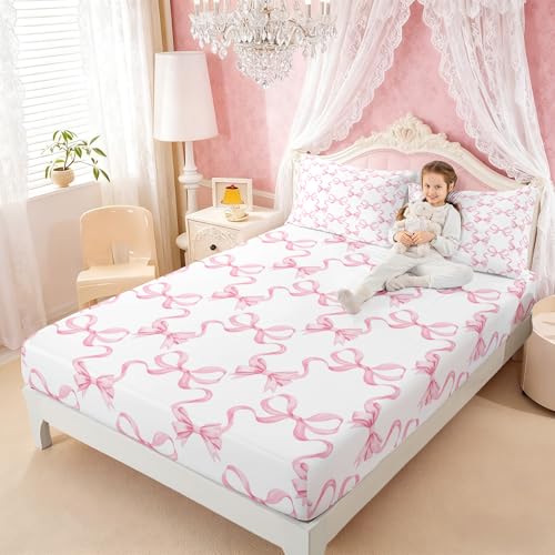 Queen Fitted Sheet,Kids 3 Piece Pink Bow Sheets for Boys