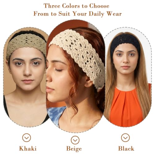 Image of MAYCREATE 3 Pack Crochet Headbands for Women Pretty Boho Knit Floral Hair Wrap with Adjustable Tie Up Design for Daily Wear Traveling and Parties Use