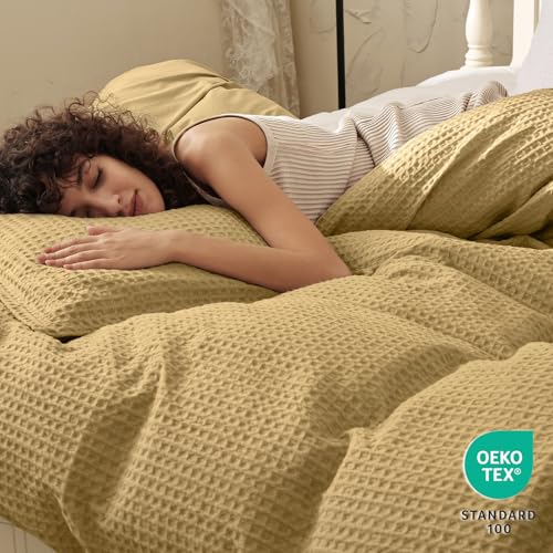 Image of PHF Waffle Weave Duvet Cover Set King Size, No Snagging Ultra Soft Luxury Textured Breathable Comforter Cover for All Season 3pcs, Durable Bedding Duvet Set with 2 Pillow Shams, 104 inchx90 inch, Antelope