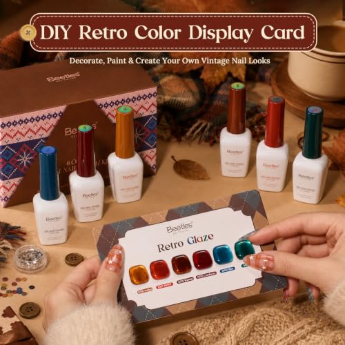 Image of Beetles Jelly Gel Nail Polish Set, Retro Glaze 6 Colors Fall Gel Polish | 9ML Amber Brown Blue Teal Burgundy Red Orange Sheer Gel Polish Kit with DIY Color Card Nail Charms Buttons Glitter for UV