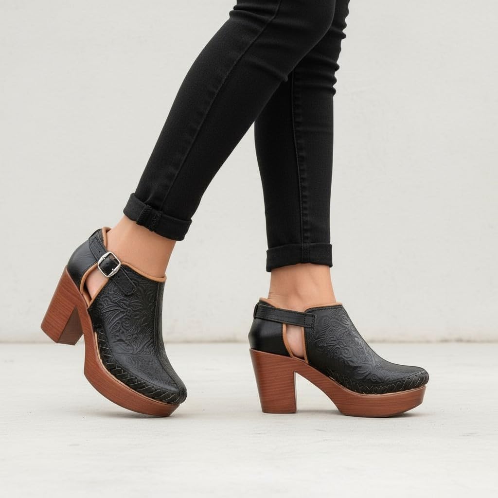 Mexican Engraved Genuine Leather Ankle Boots with Strap for Women - Model 490