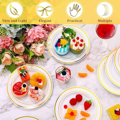 Gikisla 25 Pieces Plastic Plates, White & Gold Rimmed Reusable Plates Premium Heavy Duty - Image 3