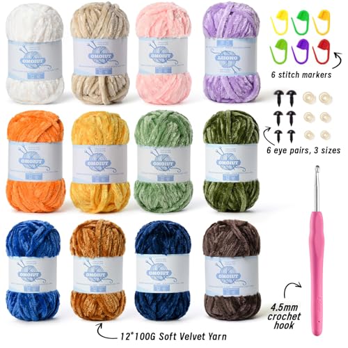 Image of 12 Pack 590 yds Chunky Chenille Yarn for Crocheting and Hand Knitting with Black Red White Green Orange Blue Plush Velvet Yarn，Baby Blanket Yarn for Crocheting Soft Amigurumi Yarn E