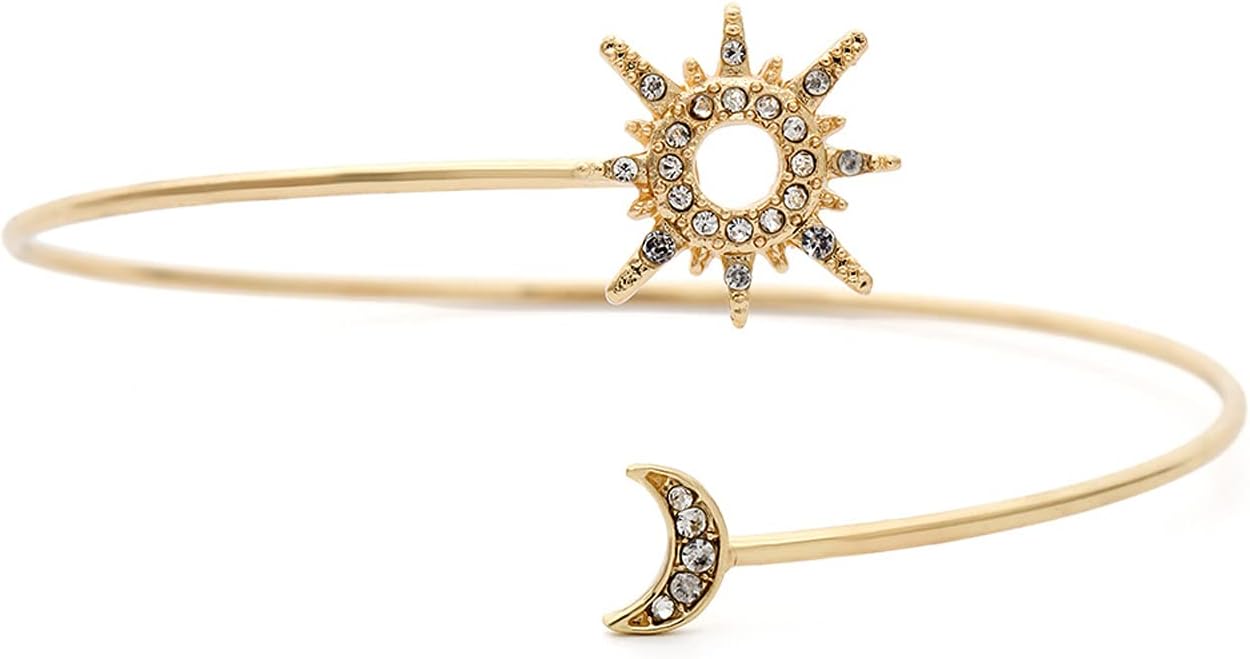 Upper Arm Cuff Armlet Open Cuff Wrap Bracelet Armlet Crystal Sun Moon Arm Bangles Armband Rhinestone Adjustable Leaf Feather Chain Tassels for Women Wedding Costume Jewelry