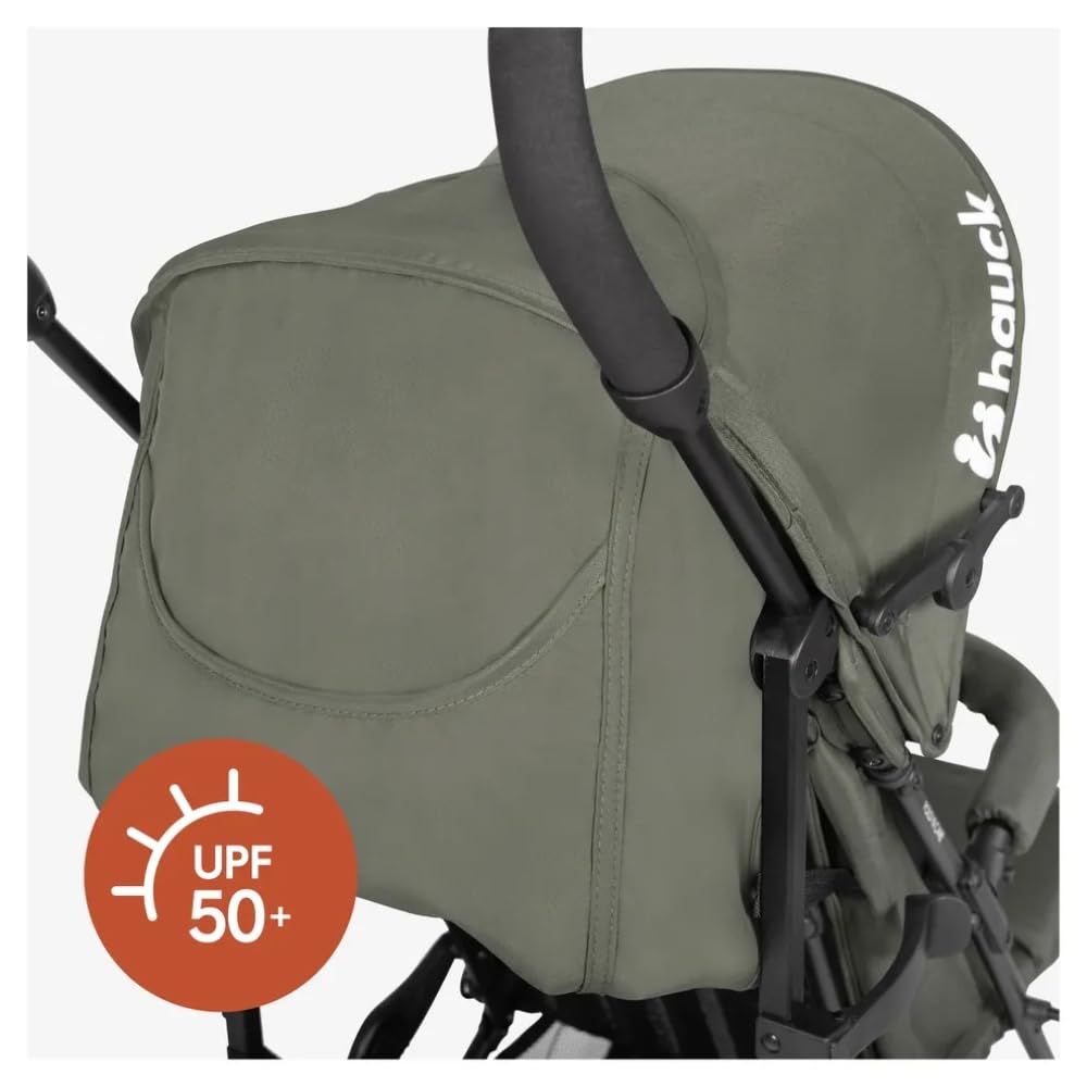 hauck Fold N Care Parasol dla dzieci od 6 miesięcy do 22 kg, mały, składany, 7,6 kg, z pozycją leżącą i ochroną UV 50+, kosz XL, kółka z tworzywa sztucznego EVA, obrotowe koła przednie, oliwkowy