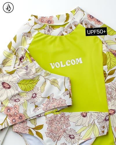 Image of Volcom Girls' Swimsuit Set - 3 Piece UPF50+ High Neck Bikini Top, Bikini Bottom and Matching Swim Shorts for Girls (2T-16)