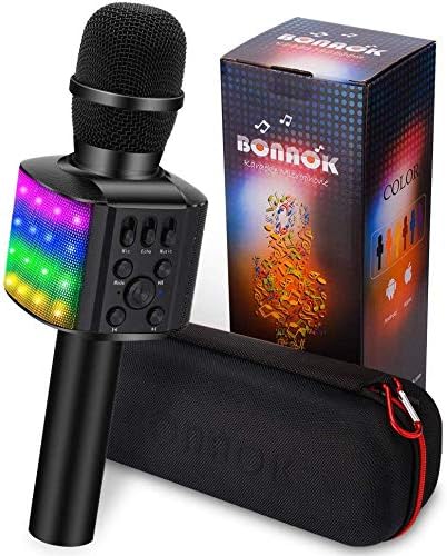 Amazon Bonaok カラオケマイク 2600mah 360 ステレオサウンド Ledライト付き 音楽再生 エコー 録音可能 ノイズキャンセリング Tfカード Android Iphone Pcに対応 充電式 ブルートゥース ワイヤレスマイク Bluetooth Microphone ブラック カラオケ機器 楽器 音響機器