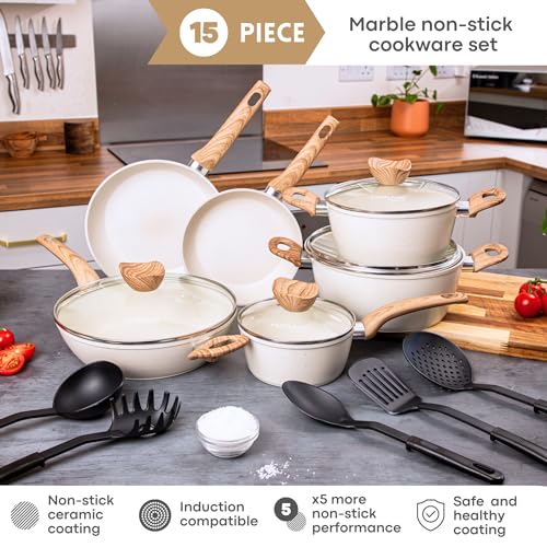 Non Stick Pots and Pans Set – Induction Hob Pots Set – 15pcs Kitchen Cookware with Lids – Cooking Cream Granite Saucepan Pots - by Nuovva - Image 6