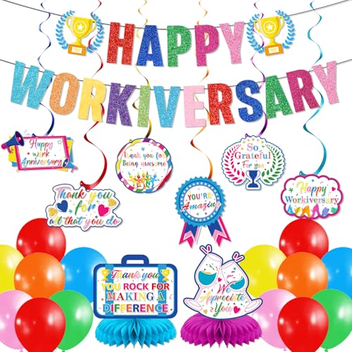 Work Anniversary Decorations: Happy Anniversary Banner Happy Anniversary Decorations with Hanging Swirls Honeycomb Centerpieces Balloons Office Employee Worker Appreciation Decor