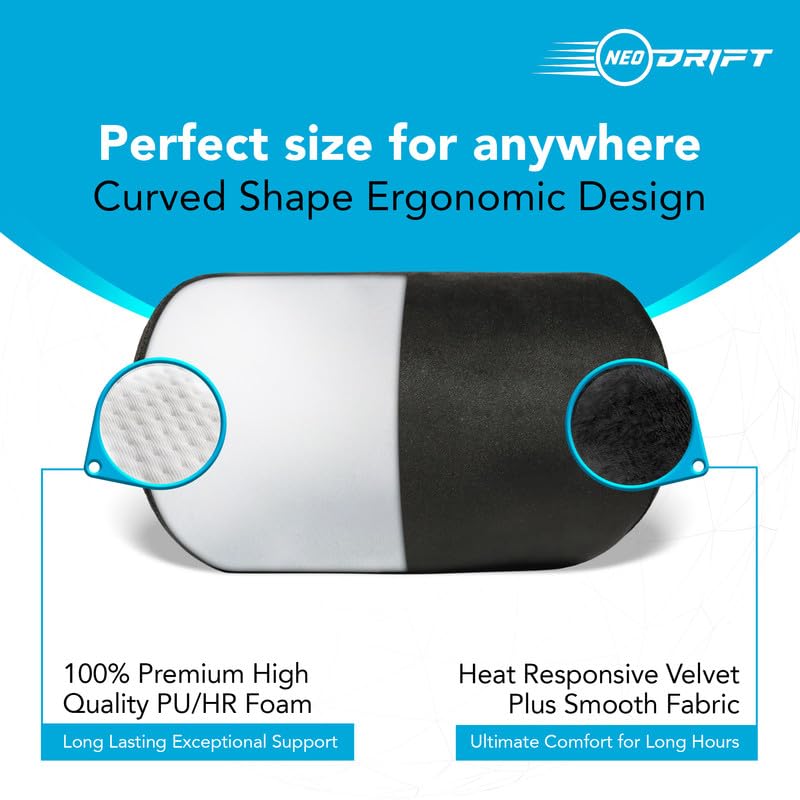 Image of Neodrift 'CurveNeck' - Neck Rest Cushion Orthopedic Velvet Memory Foam Pillow for Neck, Head, Shoulder Support - Pain Relief for Car, Set of 2 (Colour-Black+Silver)