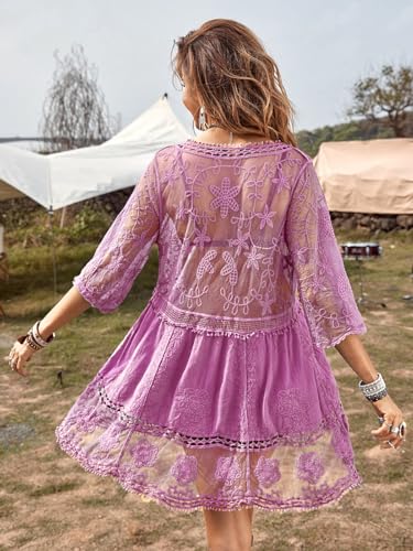 Image of Eomenie Women's Contrast Lace Bathing Suit Cover Up V-Neck Swimsuit Coverups Loose Swimwear Beach Dress Beachwear