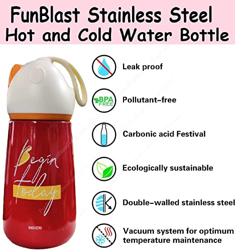 Image of FunBlast Stainless Steel Hot and Cold Water Bottle - Leak Proof Sipper Bottle, Stainless Steel Thermos for Girls, Cute Water Bottle Cup, Insulated Vacuum Cup Flask for Kids - 320 ML (4057-Red)