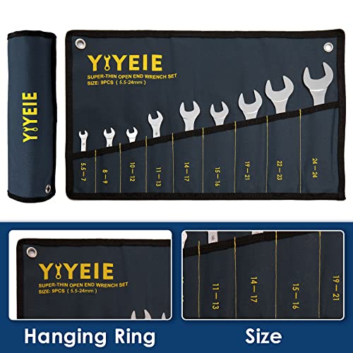 Yiyeie Super-Thin Open End Wrench Set, 9-Piece Metric, 5.5, 7, 8, 9, 10, 11, 12, 13, 14, 15, 16, 17, 19, 21, 22, 23, 24, 27 Mm, Cr-V Steel, Slim Wrench Set With Roll-Up Pouch #TOP4