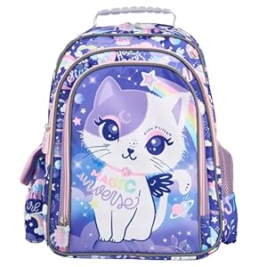 Girls Backpack Kids Backpacks for Girls Cute Cat Backpack Kawaii Backpack for Preschool Elementary Kindergarten,Light Purple Color,Large Capacity,16 Inch