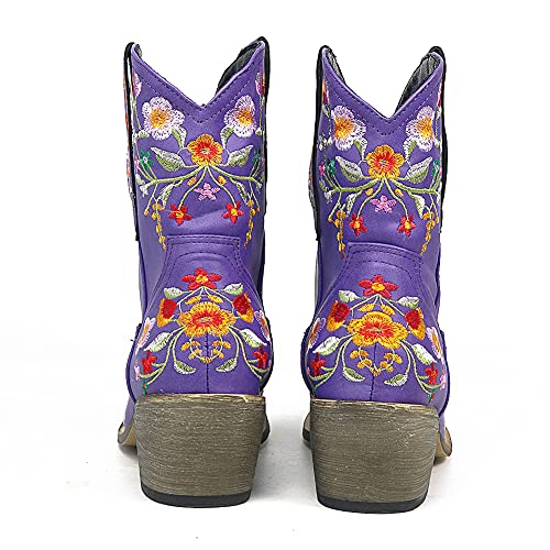 Femflame Women's High Heel Ankle Boots Vintage Cowboy Mid Calf Boots With Zipper Pointed Toe Embroidery Flower Chunky Heel Boots #TOP1