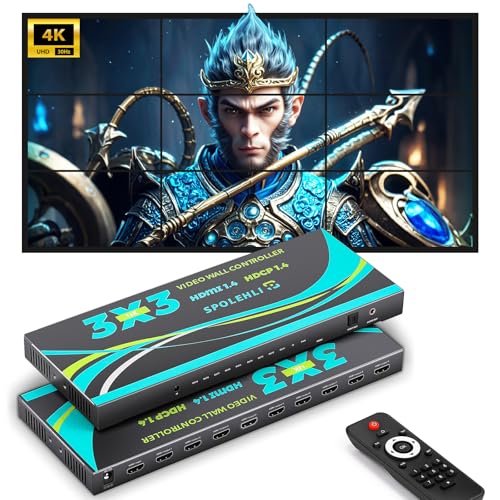 【2025 Updated】 Spolehli 4K Video Wall Controller 3x3, Video Wall Processor with 13 Splicing Modes @60Hz, 180°Rotation, 3.5mm Audio Output, IR Remote– 9 TV Screens into 1, 3x2 2x2 3x1 1x4 2x3 4x2 2x4