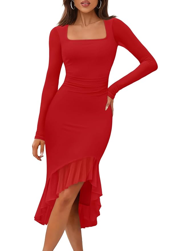 MEROKEETY Women's 2026 Wedding Guest Dress Bodycon Long Sleeve Square Neck Ruched Mesh Cocktail Party Holiday Midi Dresses, SolidRed, Large by MEROKEETY - Used condition - US$13.61