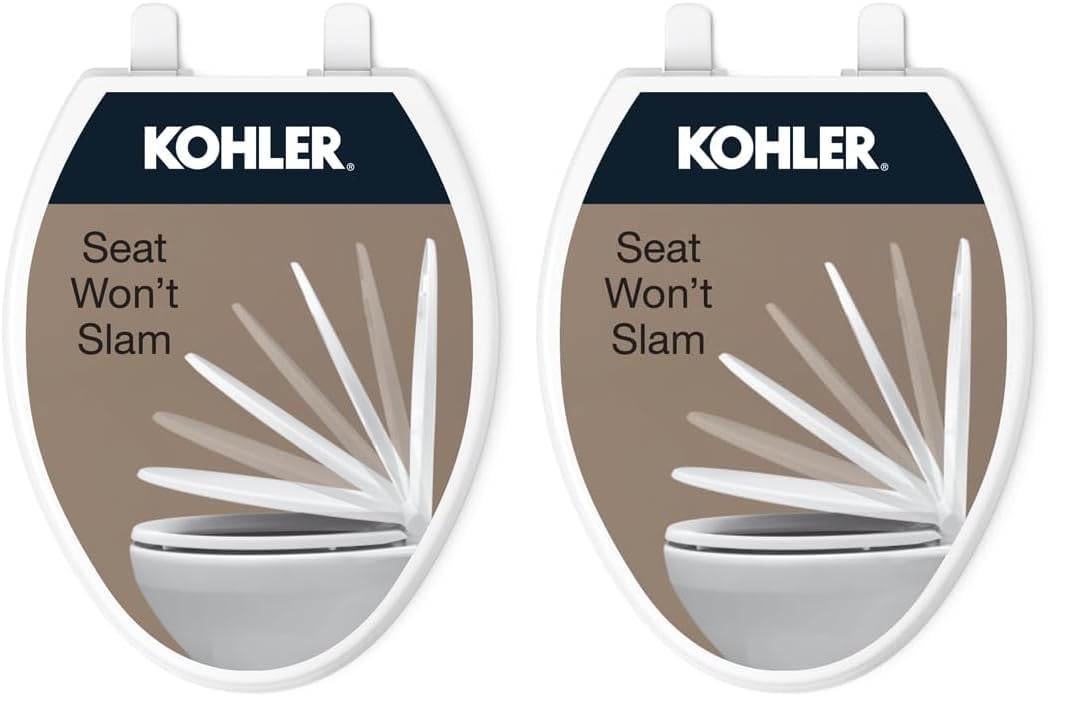KOHLER 20110-0 Brevia,Slow Close Toilet Seat,Elongated Toilet Seat,Grip-Tight Bumpers Quick-Attach Hardware,White,(Pack of 2) White Elongated (Pack of 2) Quiet-Close