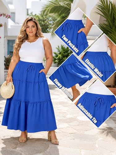 Image of Moon Wood Plus Size Maxi Skirts for Women Trendy Long Flowy Boho Tiered Skirt Renaissance Summer Beach Skirt with Pockets