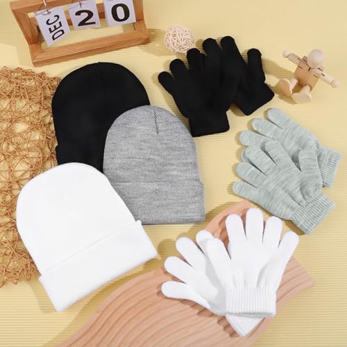 Image of Cooraby 6 Pack Kid's Winter Beanies Hat Full Fingers Gloves Set Skull Winter Caps Stretchy Gloves for Boys Girls