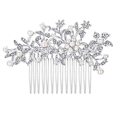 EVER FAITH Jewerly Hair Accessories Clear Crystal Cream Simulated Pearl Flower Leaf Weddding Hair Comb Silver-Tone