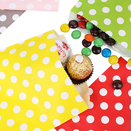 Foraineam 250 Pack Food Safe Paper Treat Bags, 5.2 x 7 Inch Candy Cookie Buffet Bag, Polka Dot Favor Bag 10 Colors Small Paper Goody Bags for Birthday Holiday Party Favor Supplies - Thumbnail 2