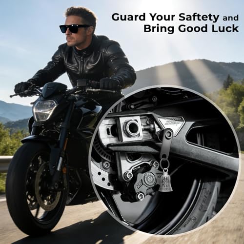 Image of St. Michael Motorcycle Bell Guardian Angel Gremlin Biker Bells for Luck with Motorcycle Bell Hanger, 2 Key Chain Ring Accessories, Velvet Pouch