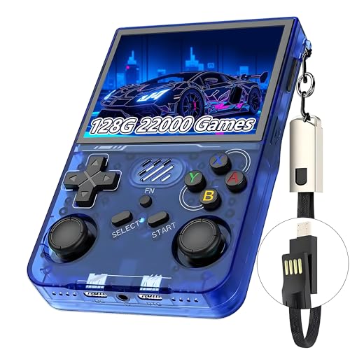 R36XX Retro Gaming Console 128G, Handheld Video Game Console 22000+ Classic Games 12+ Emulators, 3.5″ IPS OCA Screen, 640*480 Resolution, Open Source Linux System, WIFI Support (Blue)