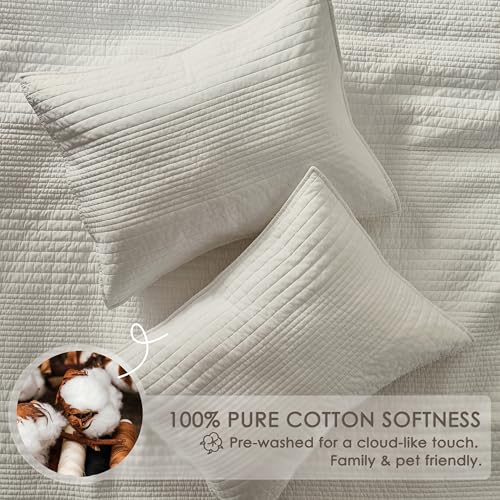 Image of palassio Striped Beige 100% Cotton Quilt Queen Size Bedding Sets, Lightweight Crinkly Channel Pick Stitch Textured Bedspread Soft Shabby Chic Farmhouse Country Coverlet for All Season, 2 Shams