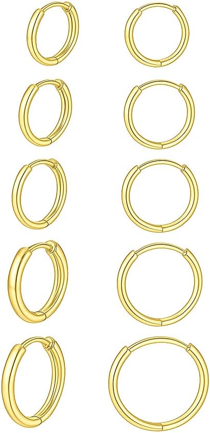 3/4/5 Pairs 14K Gold Plated Earring Set for Women – Mixed Hoop, Drop, and Threader Designs, Lightweight Hypoallergenic Jewelry for Daily or Cartilage Wear