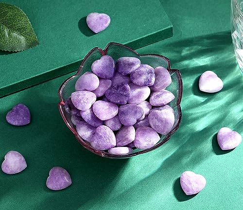 Image of QINJIEJIE 20PCS Lepidolite Heart Stones Crystals Bulk Love Shaped Worry Stone Heart Rock Pocket Polished Palm Gems Crystal Reiki Balancing Wholesale Carved Stone Decor Gift