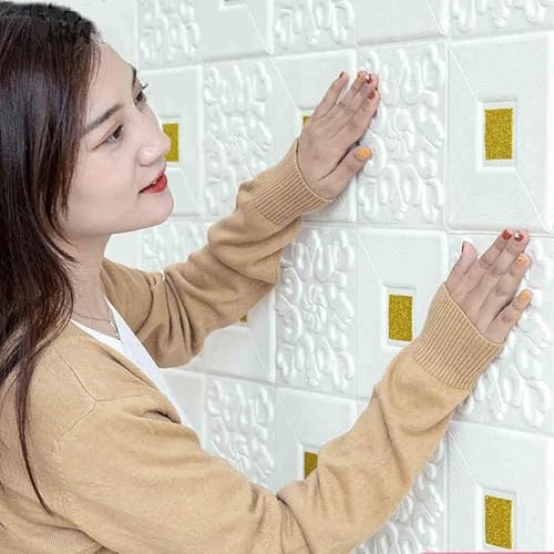 Image of 3D White Brick Wallpaper with Golden Tikdi Self Adhesive PE Foam Wall Sticker for Home Living Room Bedroom Kitchen Hotel DIY Wall Decor ((45, White with Goldan Square Wallpaper)