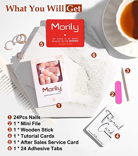 Morily French Tip Press On Nails Medium, Nude Oval Shaped Fake Nails, Glossy Pink False Stick On Nails For Women - 24Pcs In 12 Sizes #TOP1