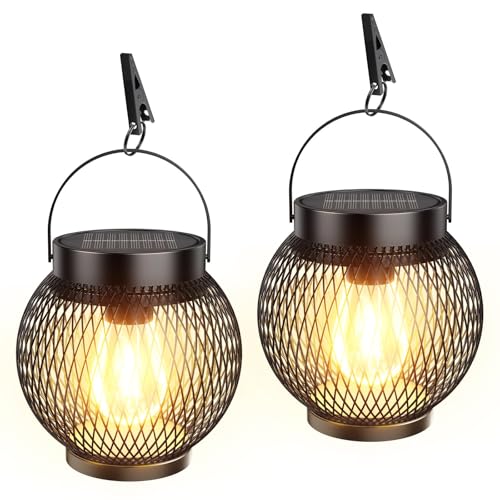 GEARLITE Solarlampen für Außen Hängend, 2 Stück Metall Solarlaterne für Außen mit Helle LED-Glühbirne, IP65 Wasserdicht Stehend Solar Laternen für Draußen mit Clips Garten Balkon Deko Terrassen Rasen