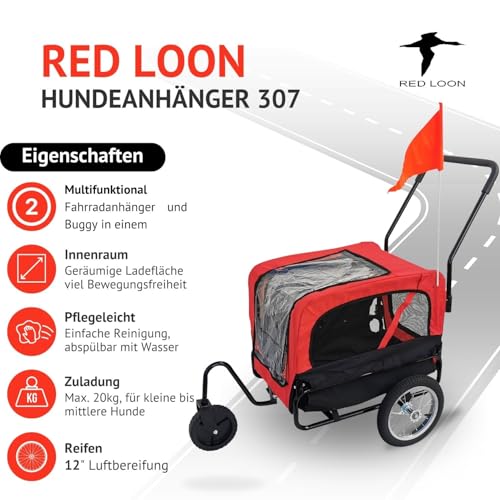 Red Loon Hundeanhänger Mini - Hunde Fahrradanhänger Jogger Rot, Stabiler Transporter 20kg Belastbarkeit, Convertible Jogging-Set, inkl. Universal-Kupplung und Regenschutz