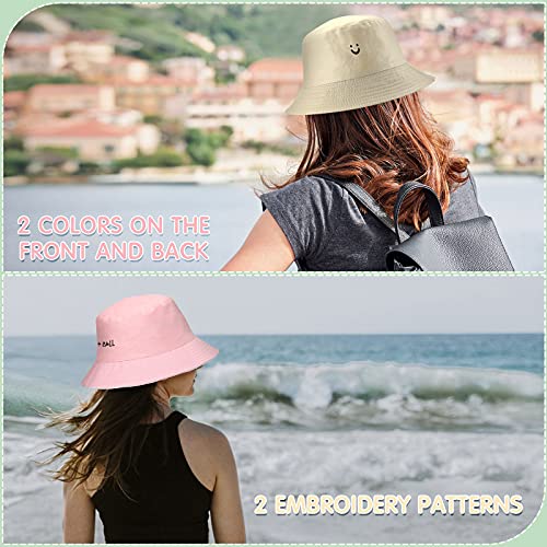 Smile Face Bucket Hats Embroidery Outdoor Reversible Travel Bucket Beach Sun Hat For Men Women Teens (3, Black-White, Beige-Pink, Blue-Yellow) #TOP6