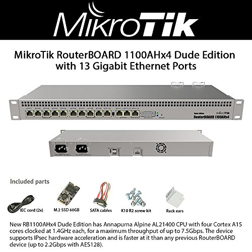 Image of MikroTik RouterBOARD RB1100AHx4 Dude 13-Port Gigabit Router Dude Edition - 1U Rackmount - 60GB M.2 Drive