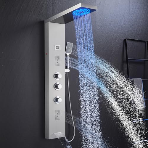 Duschpaneel LED, OUGOO 6 Funktionen Duschpaneel mit Armatur, Temperaturanzeige, Regendusche, Nebeldusche, 2 Modi Massagedüsen, Handbrause und Wanneneinlauf, Edelstahl Duschpaneele Komplett, Gebürstet
