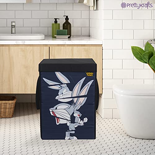 Image of PrettyKrafts 75 L Non Woven Bugs Bunny Rectangular Foldable Large Laundry Bag /Basket With Lid & Handles, Freestanding Clothes Storage Organizer for Bedroom (36x36x53cm, Black, Set of 1)
