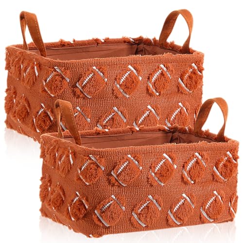 Yiyiring 2 Pcs Football Storage Baskets 14x10 Back to School Gift Basket Foldable Fluffy Laundry Storage Bin with Handle Sport Theme Closet Organizer for Preppy Dormitory Countertop Tabletop Shelf