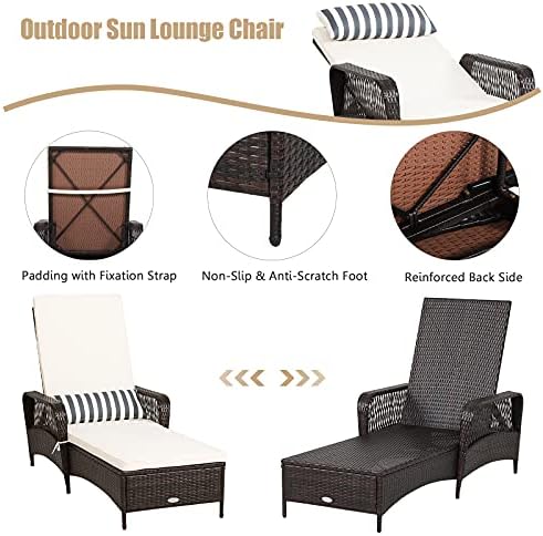 CASART Rattan Sun Loungers, 6-Position Adjustable Chaise Relaxer Sun Bed with Cushion & Pillow, Indoor Outdoor PE Weave Recliner Lounge Chair for Garden Poolside Backyard Balcony, Brown