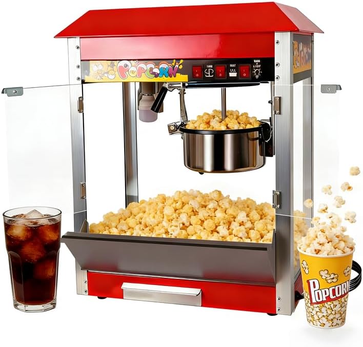 1300W Popcorn Popper Machine with 8 Oz Kettle, Popcorn Maker for Commercial Use, Countertop Popcorn Machine with Three Key Operation, Stirrer and