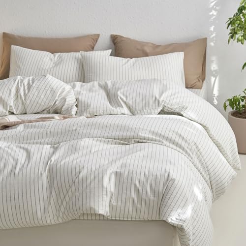 Image of MooMee Striped Duvet Cover Set 100% Washed Cotton Linen Like Full | Relaxed Linen-like Texture. Soft, Breathable & Long-lasting Comfort. Lightweight. Hidden Zipper with 8 Interior Corner Ties
