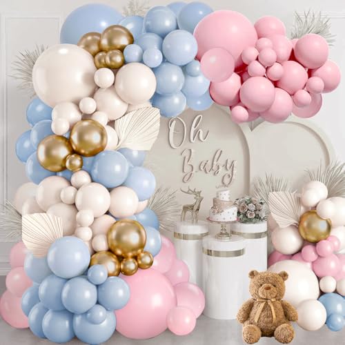 Gender Reveal Balloon Arch Kit Blush Pink and Blue Balloons Metallic Gold Sand White Balloons for Boy and Girl Gender Reveal Boho Bachelorette Birthday Baby Shower Neutral Bear Theme Decorations