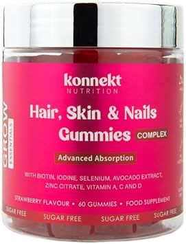 Hair, Skin and Nail Gummies - Biotin 5000mcg, Selenium, Iodine, Zinc & Avocado Extract - Hair Vitamins Complex - Vitamins A, C & D - Sugar Free - Hair Growth, Stronger Nails & Skin - 60 Gummies