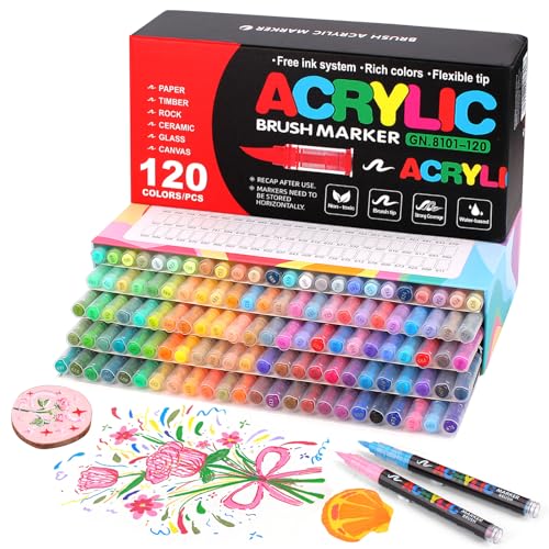 Gunsamg 120 Colors Acrylic Paint Marker Set Water-Based Paint Pens with Flexible 1-5mm Brush Tip for Rock Ceramic Glass Stone Metal Fabric Painting