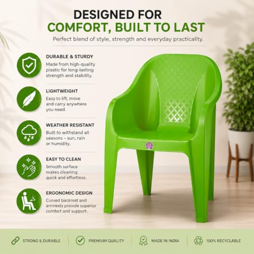 Image of Plastic Arm Chair for Home, Garden, Office, Living Room, Cafeteria Plastic Outdoor Chair | 1 Year Warranty | Color - Green | Set of 6