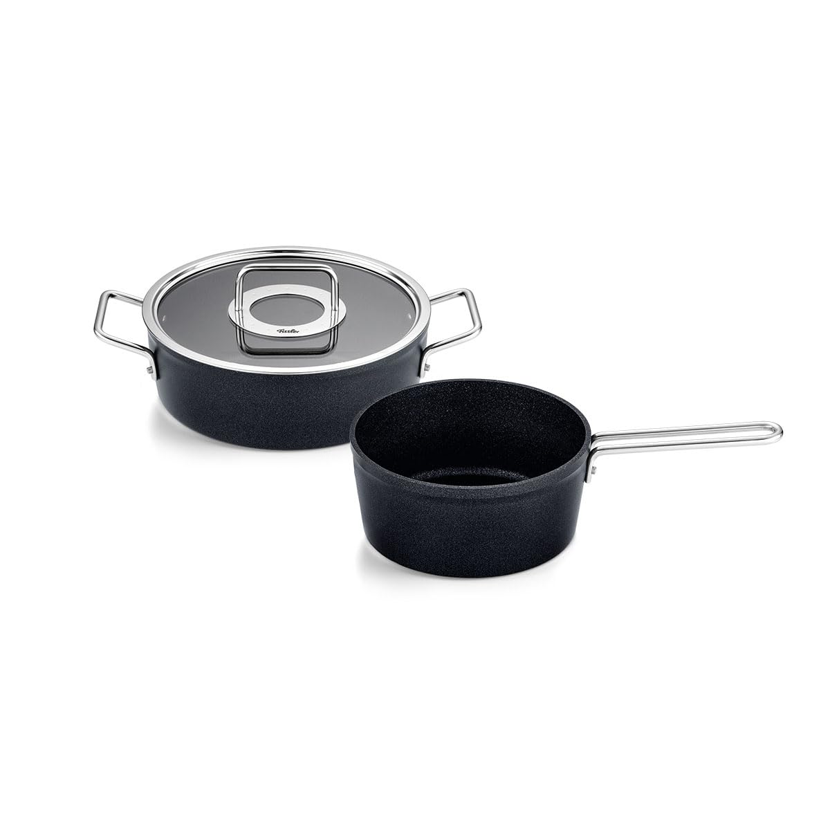 Fissler Adamant/Aluminium-Kochtopfset, 2-teilig, Töpfe-beschichtet mit Glasdeckel, antihaftend (1 Bratentopf, 1 Stielkasserolle) - Induktion