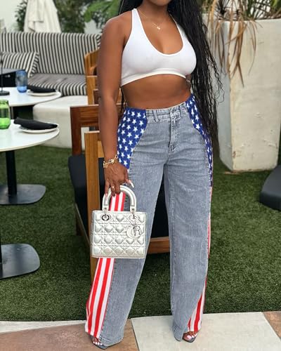 Women’s Jeans with American Flag Patchwork Stripes High Waist Loose Straight Wide Leg Denim Pants2