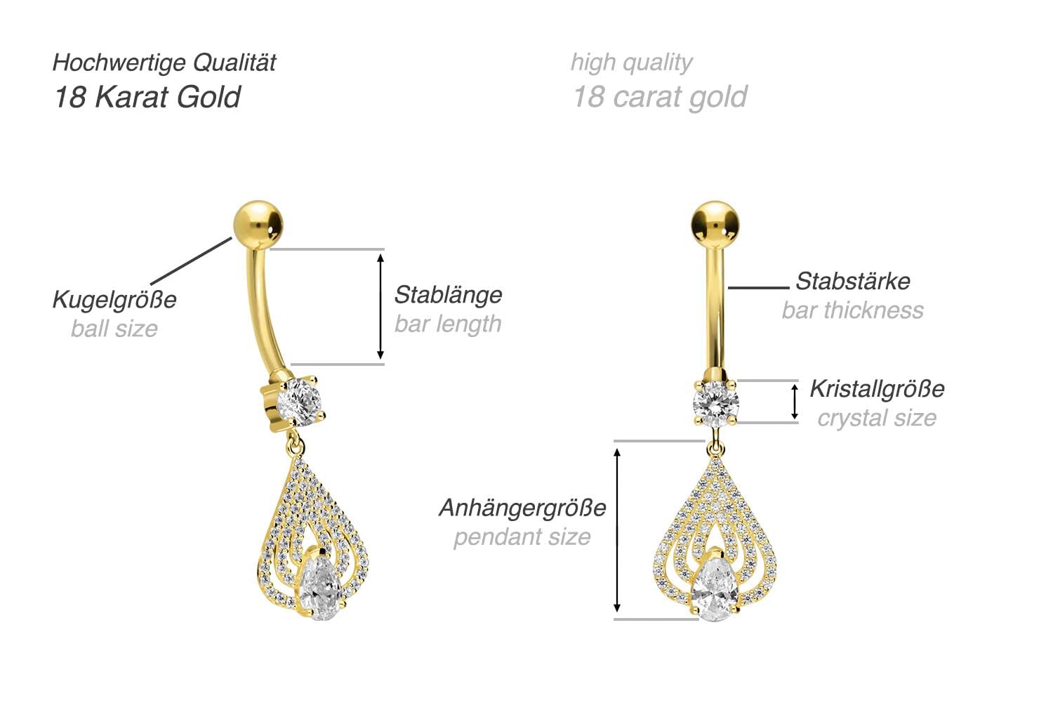 PIERCINGLINE 18 Karat Gold Bauchnabelpiercing mit KRISTALLANHÄNGER Bananabell Piercing Gelbgold